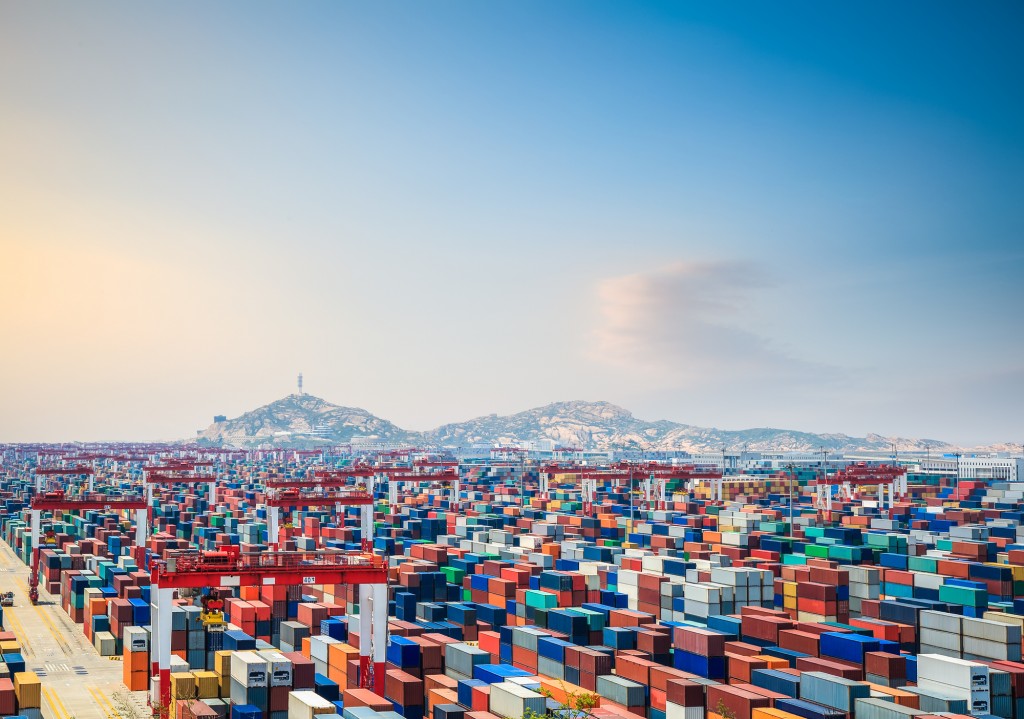 container yard at dusk in shanghai yangshan deepwater port